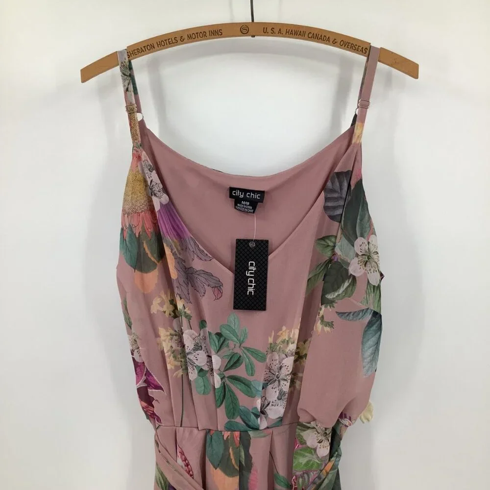 City Chic Pink Heartwine Floral Maxi Dress Size 18 Spaghetti Straps Ruffle - Picture 4 of 10